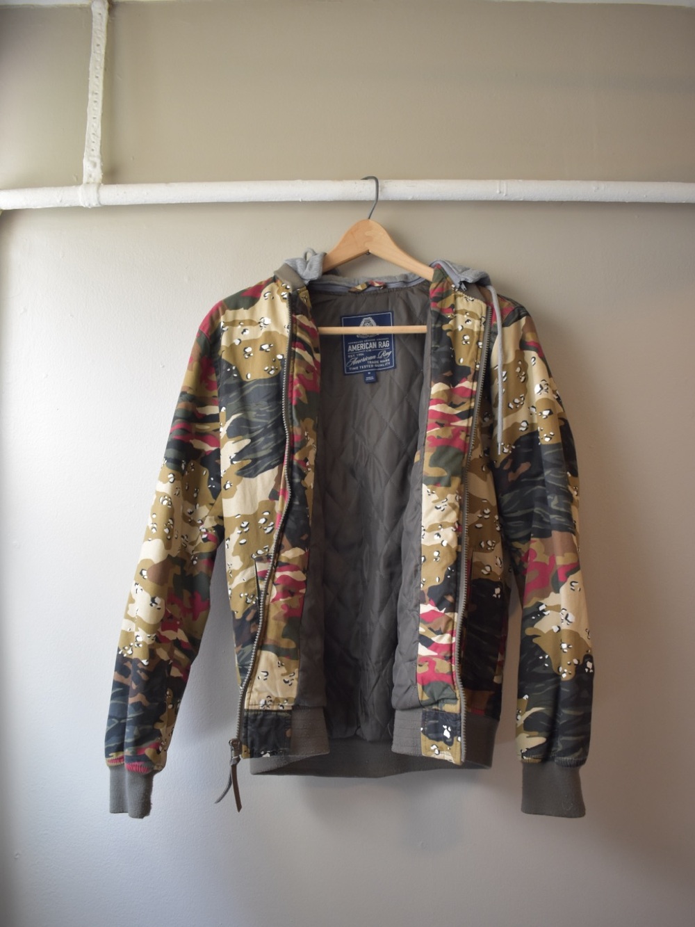 American Rag Camouflage Hooded Bomber Jacket - Green, Tan, Black, Red